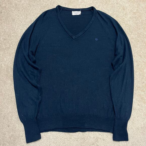 Vintage Christian Dior Navy V-Neck Knit Sweater USA Made XL - Picture 1 of 7